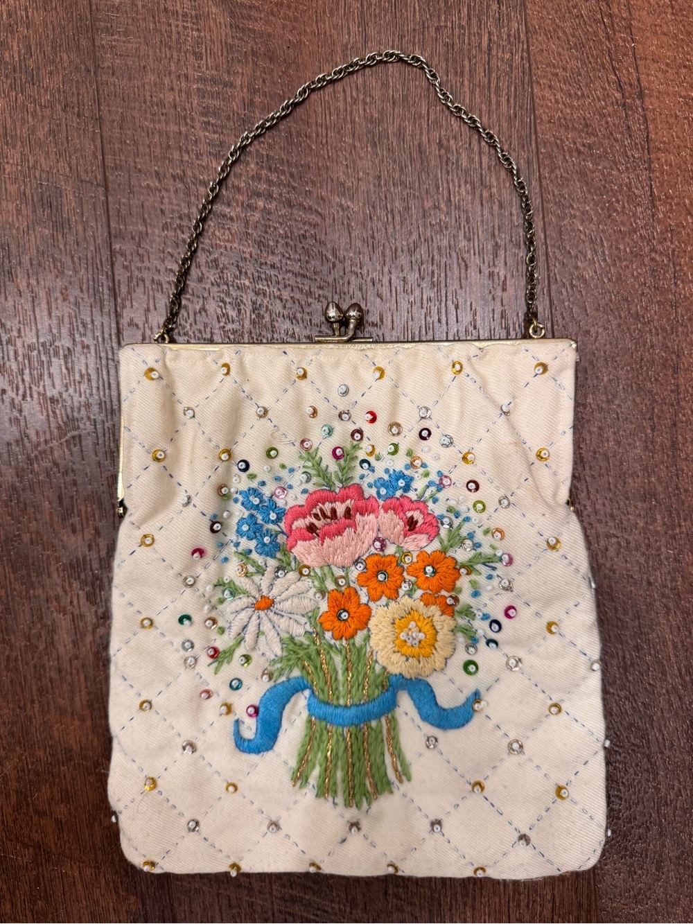 Vintage 1950s 60s Hand Embroidered Floral Sequin Beaded Evening Purse